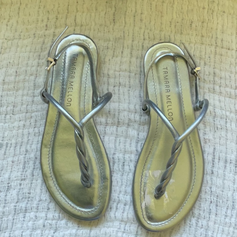 Tamara Mellon Silver T-Strap Sandals